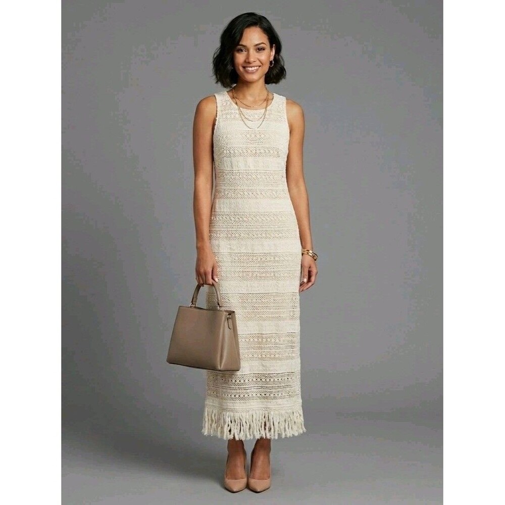 ​NWT London Times 4 Ivory Crochet Lace Maxi Dress Fringed Hem Boho Cottagecore